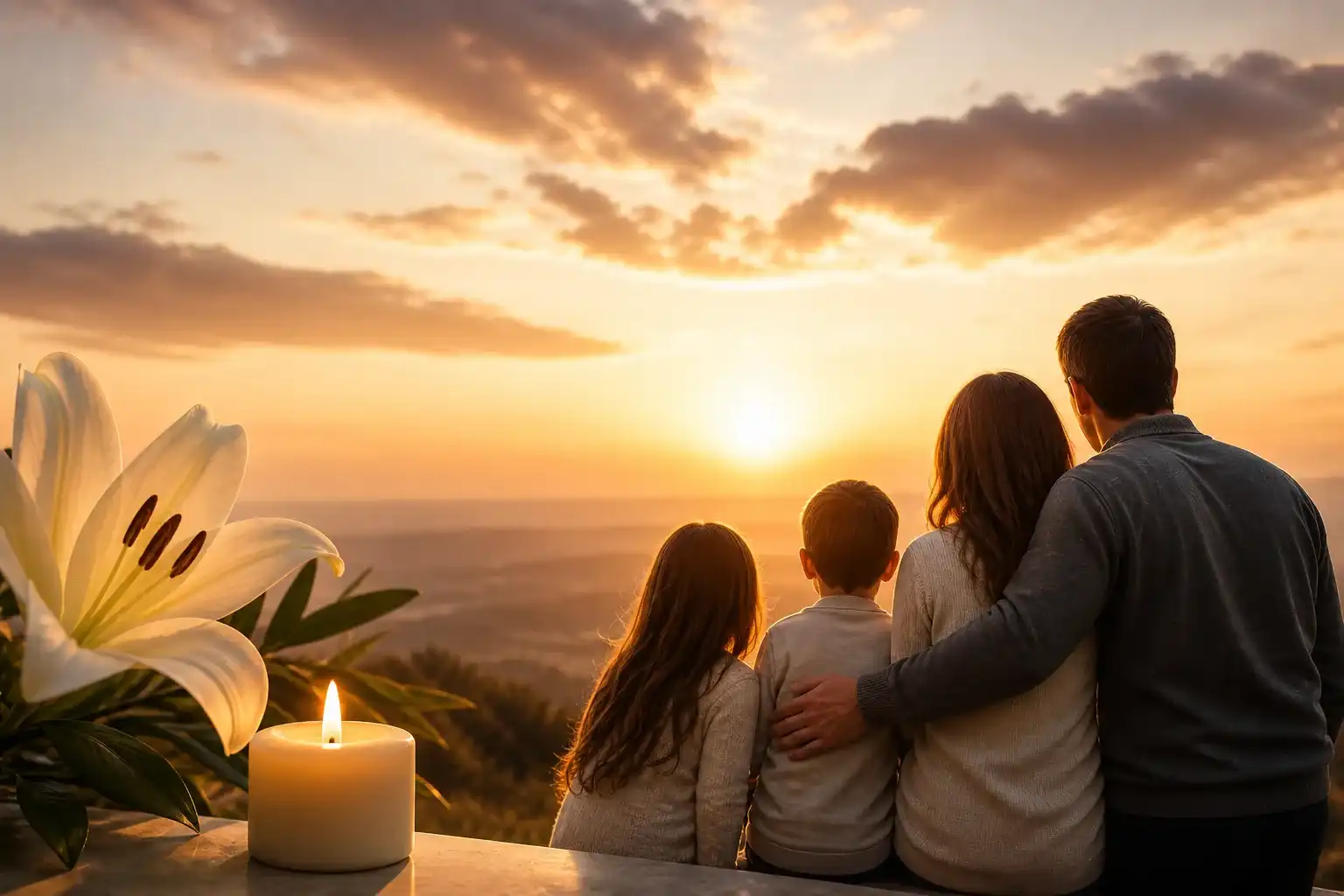 Familia frente a un atardecer, de espaldas